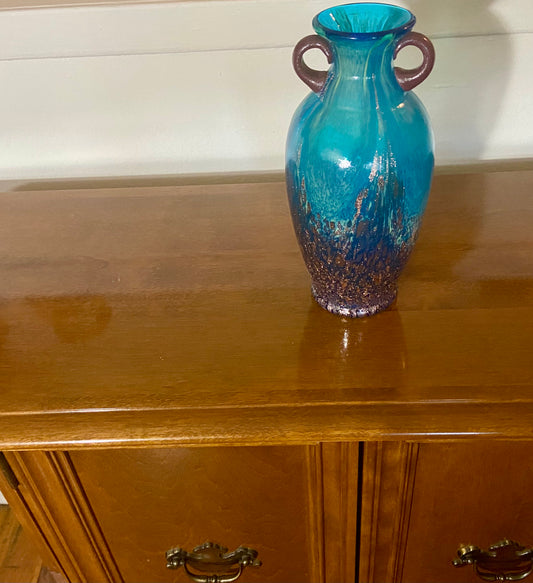 Blue Purple Double Handled Vase 10 inches