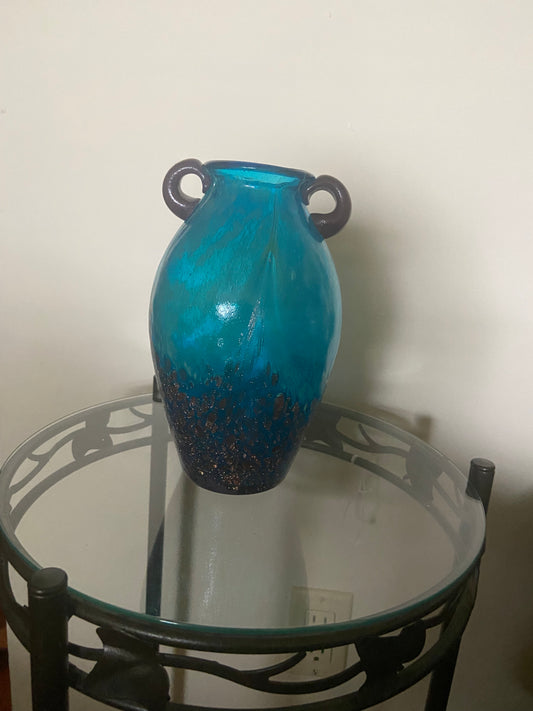Blue Purple Double Handled Vase 8 inches