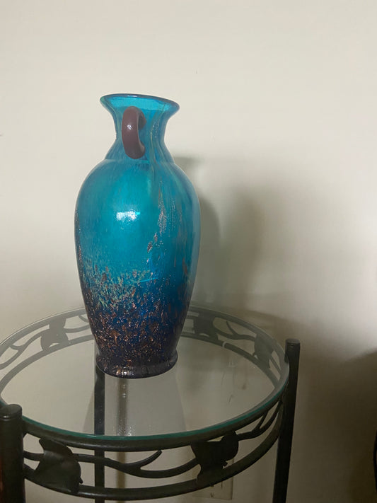 Blue Purple Double Handled Vase 10 inches